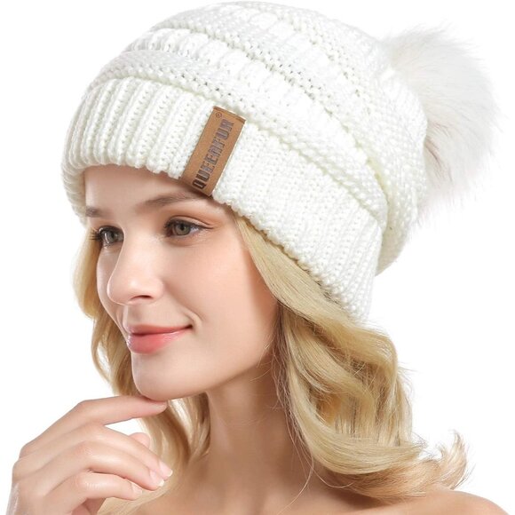 Women White Soft Acrylic Thick Baggy Knit Winter Faux Fur Pompom Beanie - Picture 2 of 6